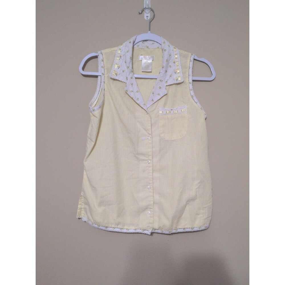 Vintage Style Floral Collar Gingham Sleeveless Button Up Top Sz S